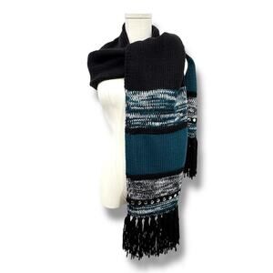 Michael Kors women's scarf teal black striped embellished fringe studded NEW